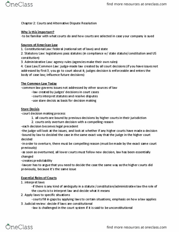 BL 260 Chapter Notes - Chapter 2 and 3: Alternative Dispute Resolution, Affirmative Defense, Federal-Question Jurisdiction thumbnail