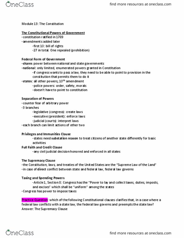 BL 260 Chapter Notes - Chapter 4: Supremacy Clause, Enumerated Powers, Prodrug thumbnail