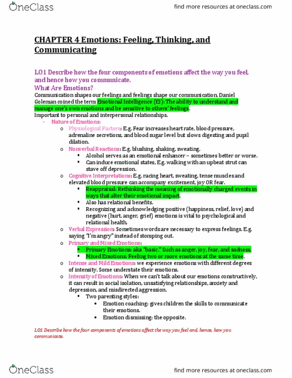 COMM 243 Chapter Notes - Chapter 4: Daniel Goleman, Blood Sugar, Parenting Styles thumbnail