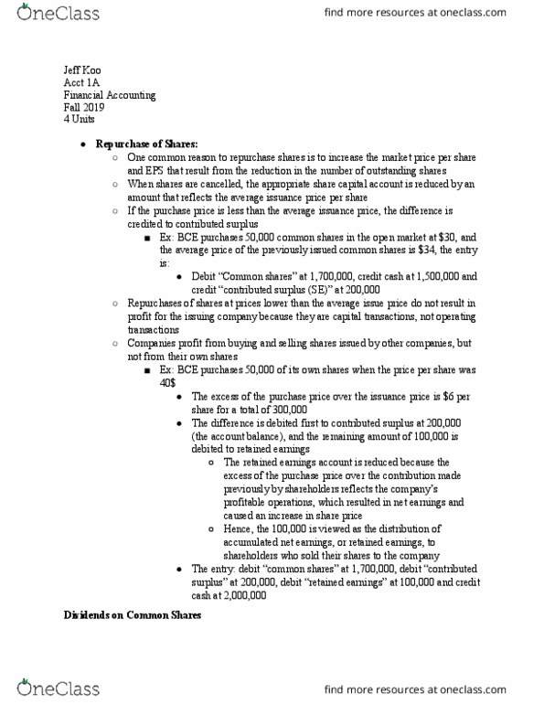 ACCT 1A Lecture Notes - Lecture 21: No Entry, Retained Earnings, Issued Shares thumbnail