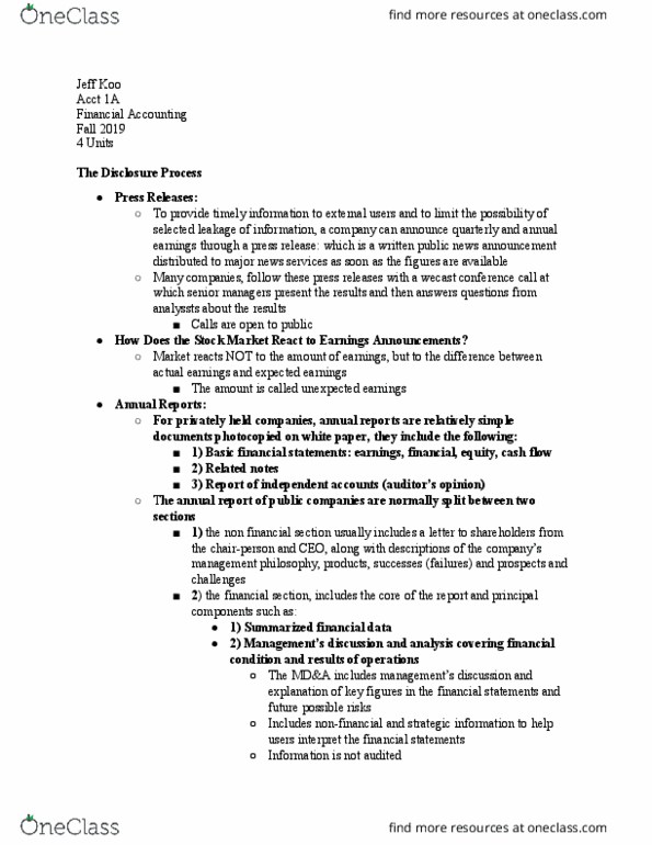 ACCT 1A Chapter Notes - Chapter 11: Financial Statement, Cash Flow thumbnail