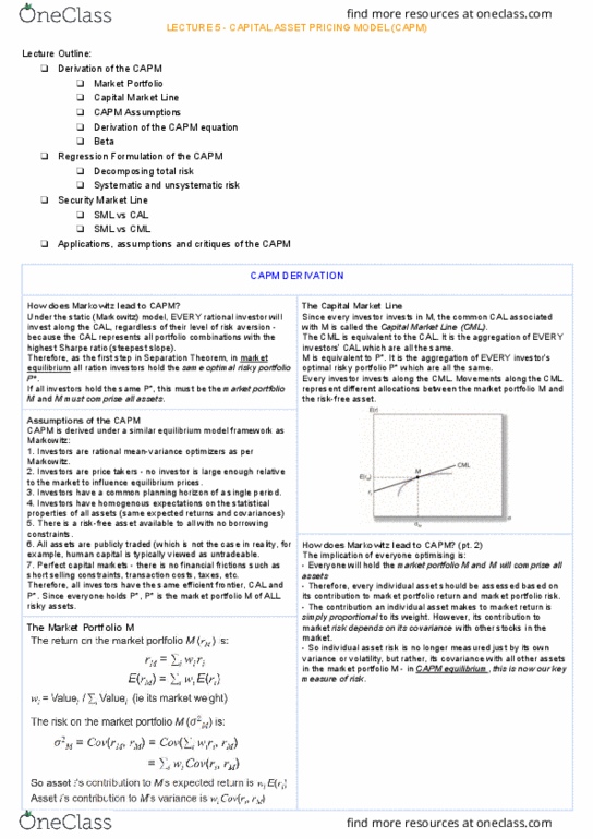 FINS2624 Lecture Notes - Lecture 5: Takers, Sharpe Ratio, Efficient Frontier thumbnail