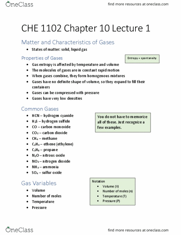 CHE-1102 Lecture Notes - Lecture 1: Hydrogen Sulfide, Torr thumbnail