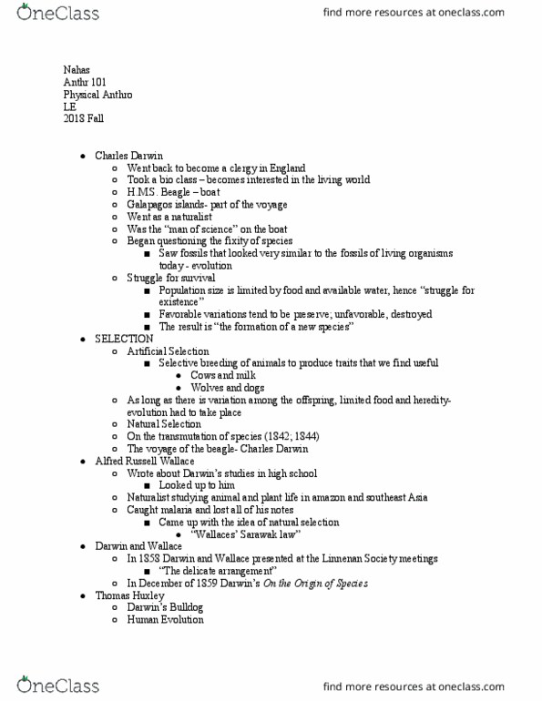 ANTHR 101 Lecture Notes - Lecture 3: Beagle, Her Majesty'S Ship, Selective Breeding thumbnail