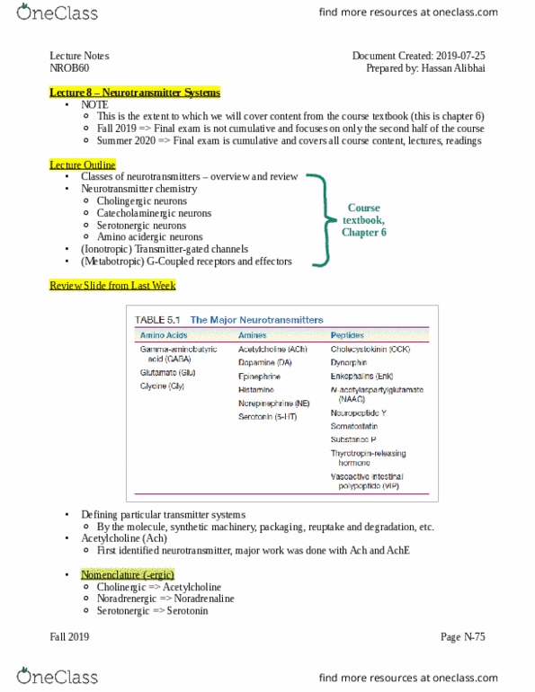 NROB60H3 Lecture Notes - Lecture 8: Catecholaminergic, Serotonergic, Ligand-Gated Ion Channel thumbnail