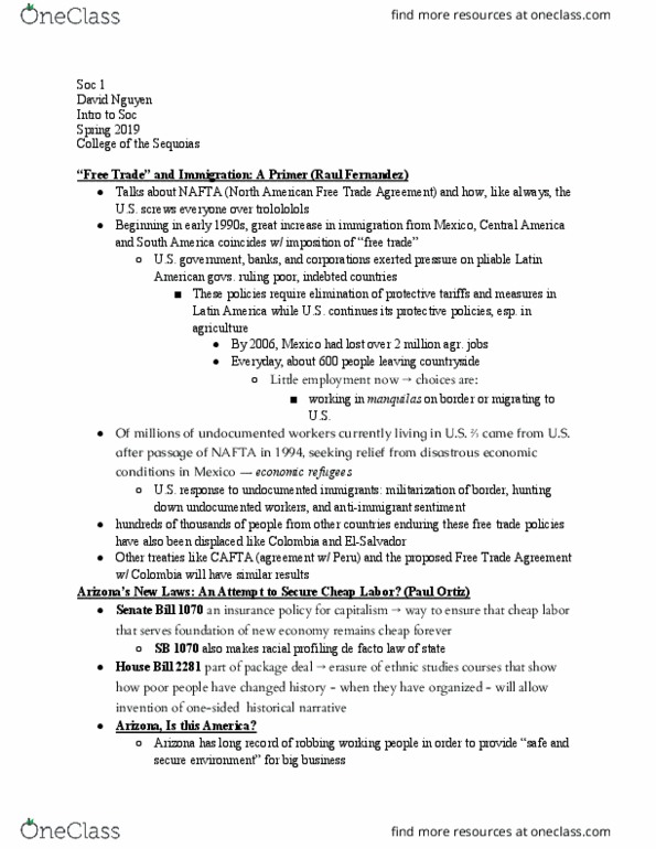 SOC 001 Lecture Notes - Lecture 16: North American Free Trade Agreement, Arizona Sb 1070, New Laws thumbnail