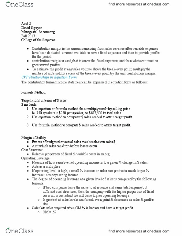 ACCT 002 Lecture Notes - Lecture 15: Earnings Before Interest And Taxes, Operating Leverage, Contribution Margin thumbnail