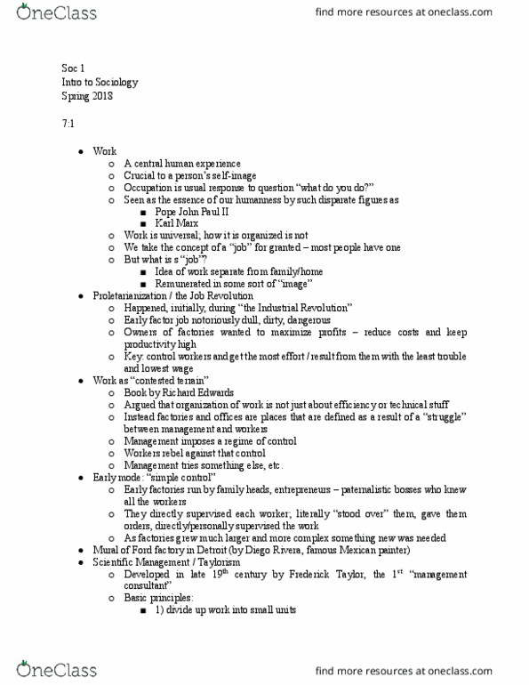 SOC 001 Lecture Notes - Lecture 13: Diego Rivera, Proletarianization, Scientific Management thumbnail