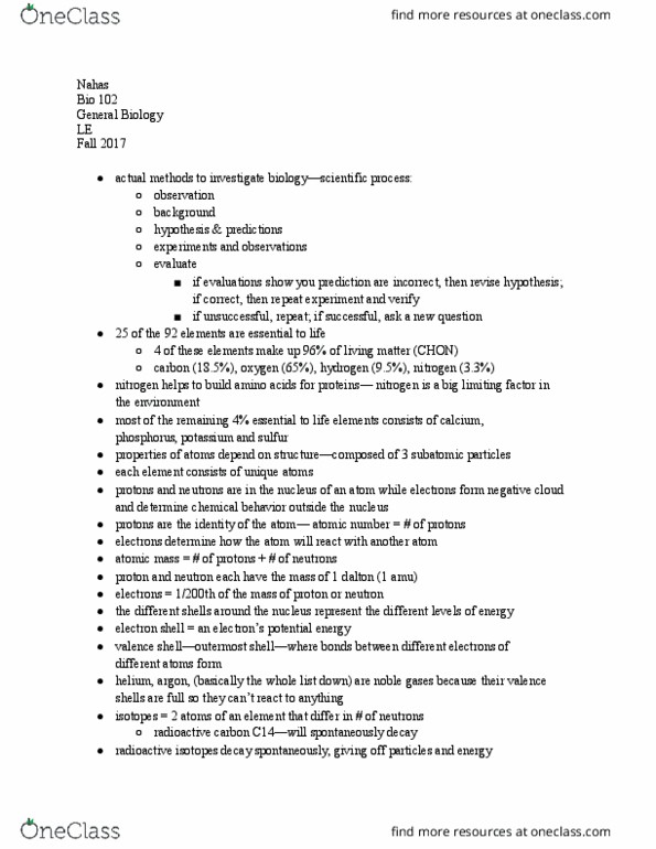 BIOL 102 Lecture Notes - Lecture 2: Electron Shell, Atomic Number, Unified Atomic Mass Unit thumbnail