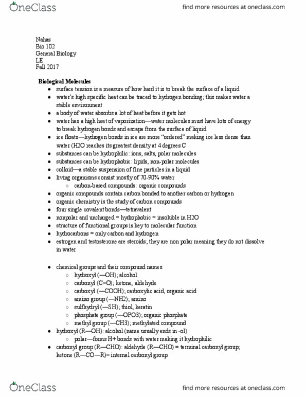 BIOL 102 Lecture Notes - Lecture 3: Hydrogen Bond, Methyl Group, Covalent Bond thumbnail