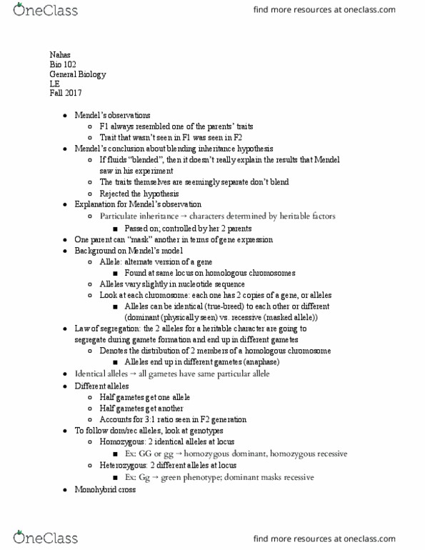BIOL 102 Lecture Notes - Lecture 18: Gamete, Meiosis, Mendelian Inheritance thumbnail