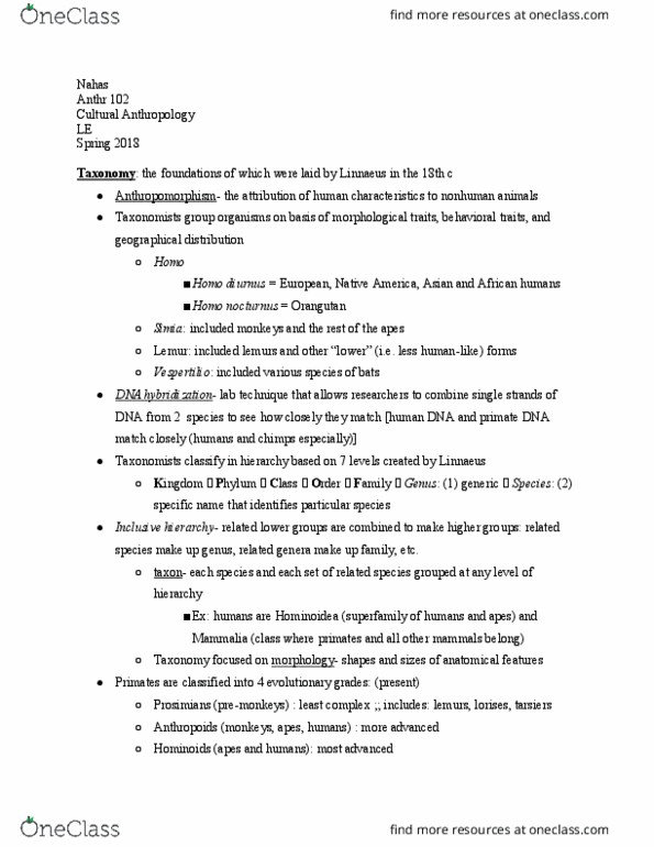 ANTHR 102 Lecture Notes - Lecture 4: Carl Linnaeus, Ape, Cladogenesis thumbnail