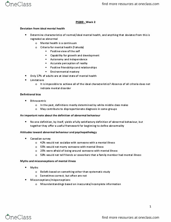 PS280 Lecture Notes - Lecture 2: Dsm-5, Mental Disorder, Psychopathology thumbnail