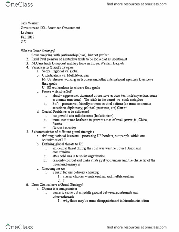 GOV 120 Lecture Notes - Lecture 7: Multilateralism, Unilateralism, Rand Paul thumbnail