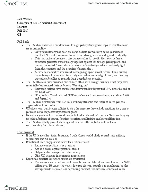 GOV 120 Lecture Notes - Lecture 21: Nuclear Proliferation, Reserve Currency thumbnail