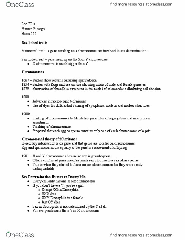 BIOSC-116 Lecture Notes - Lecture 29: Gamete, Chromosome, Autosome thumbnail