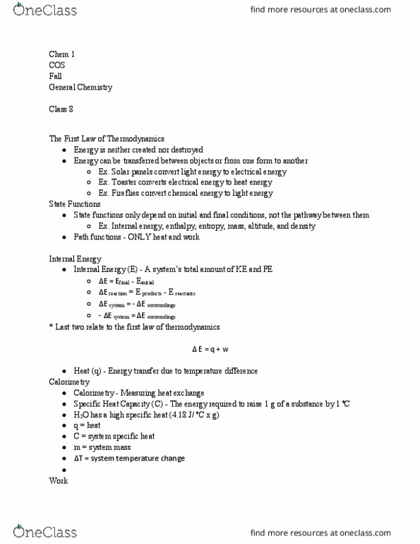 CHEM 001 Lecture Notes - Lecture 8: Heat Capacity, Calorimetry, Internal Energy thumbnail