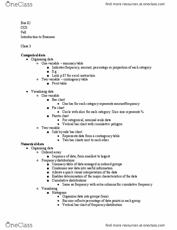 BUS 082 Lecture Notes - Lecture 3: Pareto Chart, Pie Chart, Bar Chart thumbnail