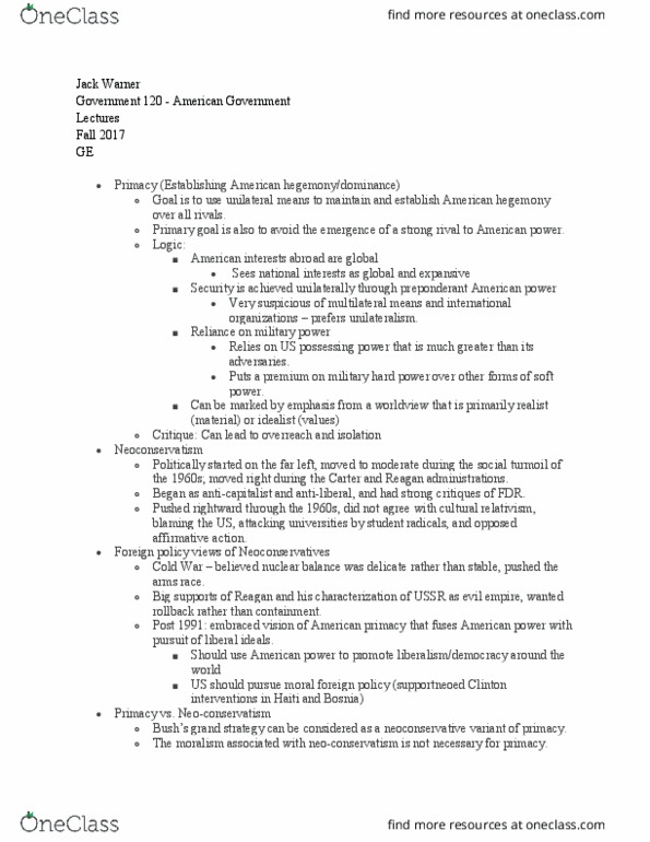 GOV 120 Lecture Notes - Lecture 27: Neoconservatism, Hard Power, Unilateralism thumbnail