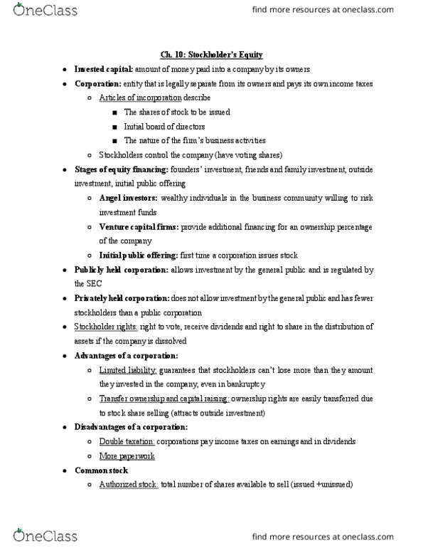 ACCT20200 Chapter Notes - Chapter 10: Angel Investor, Initial Public Offering, Double Taxation thumbnail