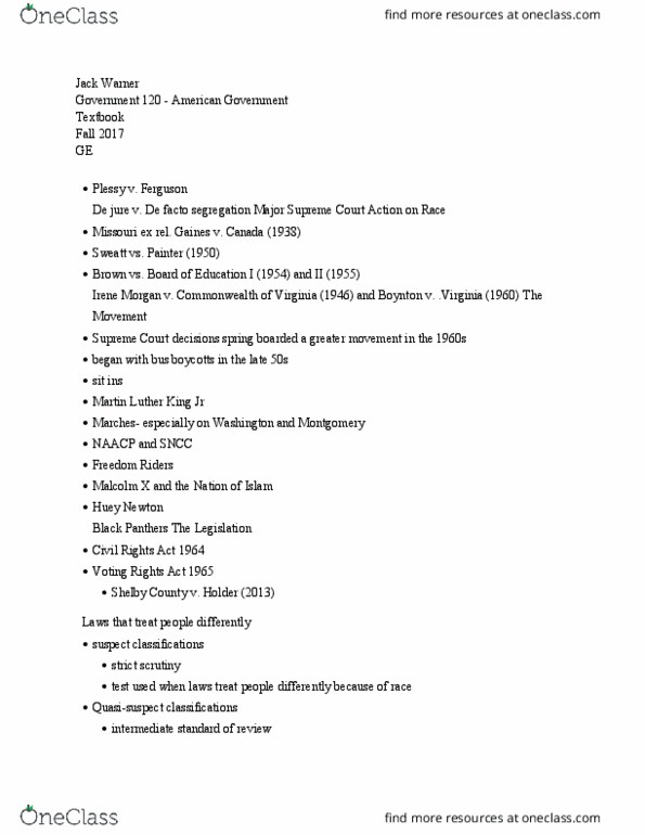 GOV 120 Chapter Notes - Chapter 1: Civil Rights Act Of 1964, Huey P. Newton, Voting Rights Act Of 1965 thumbnail