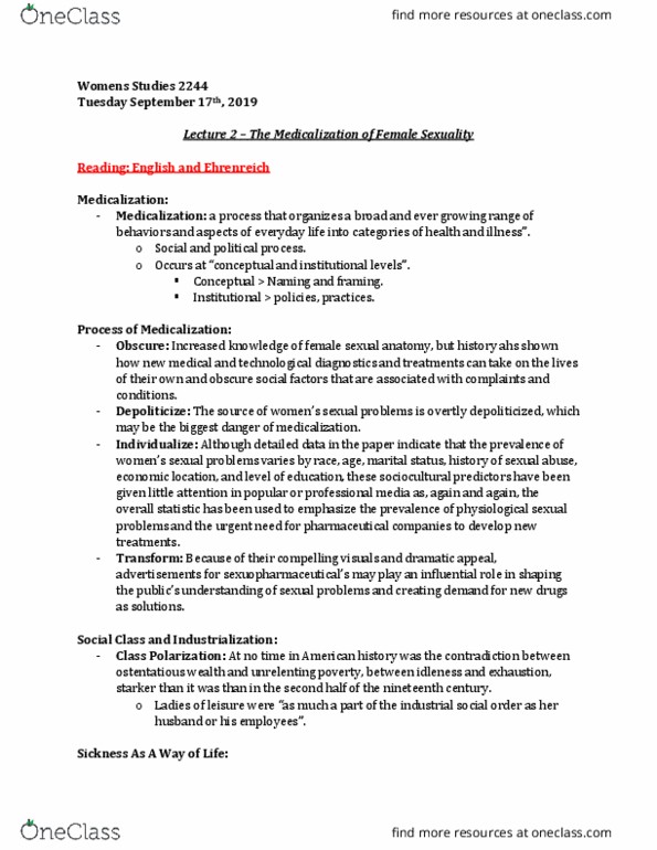 Women's Studies 2244 Lecture Notes - Lecture 2: Bourgeoisie, Mental Disorder, Reductionism thumbnail