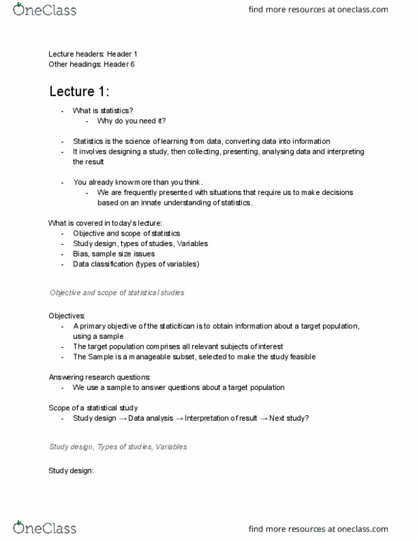 STAT150 Lecture Notes - Lecture 1: Statistic, Sample Size Determination, Data Analysis thumbnail