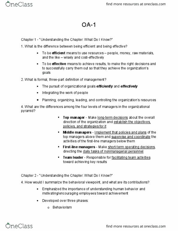 MGT-2010 Chapter Notes - Chapter 1-2: Behavioural Sciences, Behaviorism thumbnail