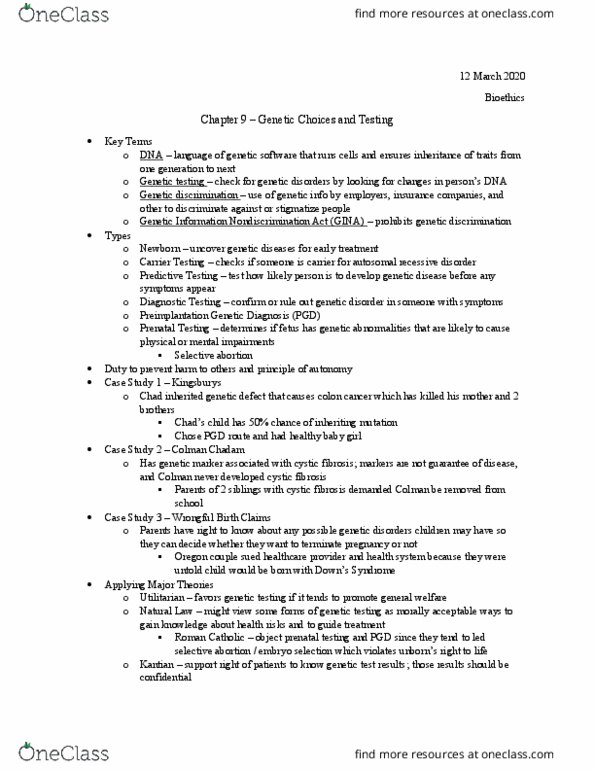 BIOL 4651 Lecture Notes - Lecture 14: Genetic Information Nondiscrimination Act, Prenatal Diagnosis, Genetic Discrimination thumbnail