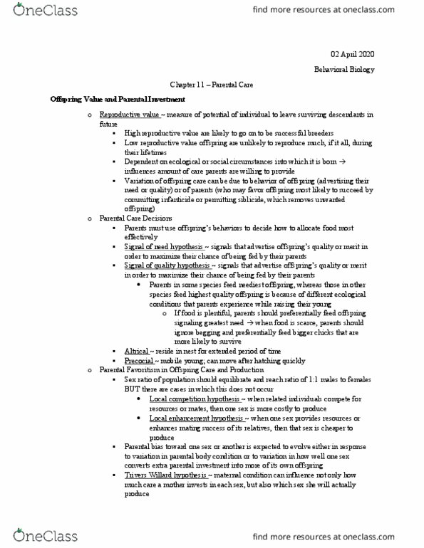 BIOL 4471 Chapter Notes - Chapter 11: Siblicide, Parental Investment, Parasitism thumbnail