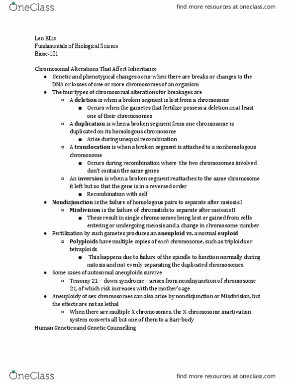 BIOSC-101 Chapter Notes - Chapter 1: Homologous Chromosome, Down Syndrome, Nondisjunction thumbnail