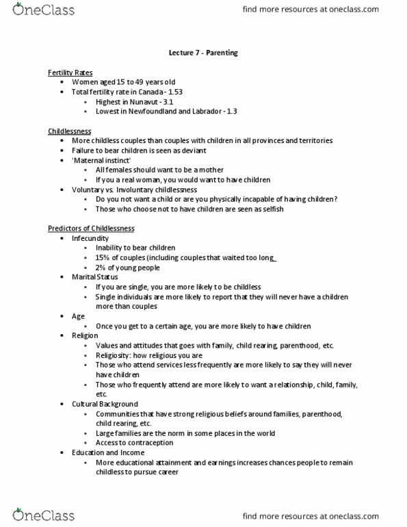 Sociology 2235 Lecture Notes - Lecture 7: Total Fertility Rate, Childlessness, Unconditional Love thumbnail