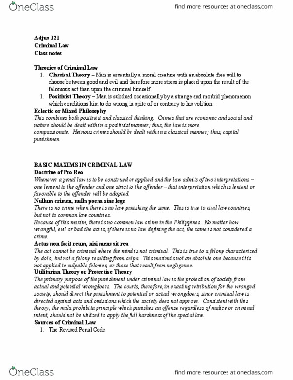 ADJUS-121 Lecture Notes - Lecture 8: Revised Penal Code Of The Philippines, Criminal Negligence, Malum Prohibitum thumbnail