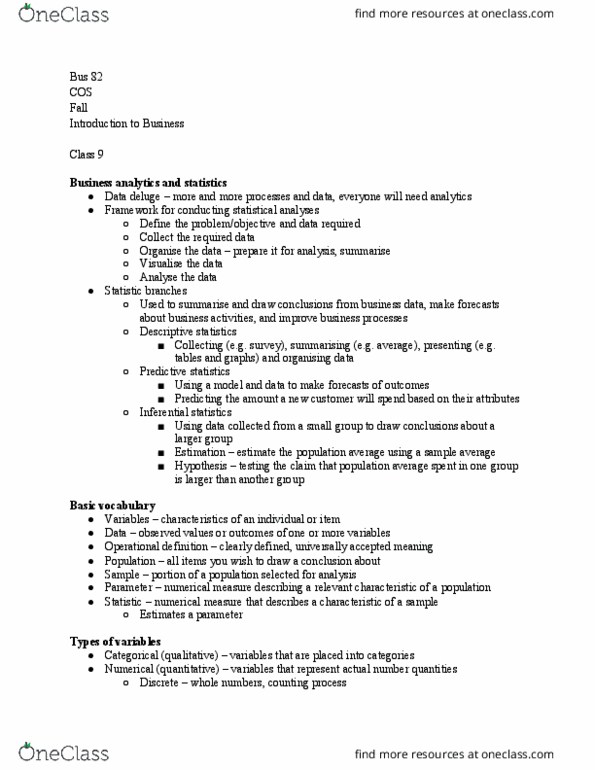 BUS 082 Lecture Notes - Lecture 9: Statistical Inference, Operational Definition, Observational Study thumbnail