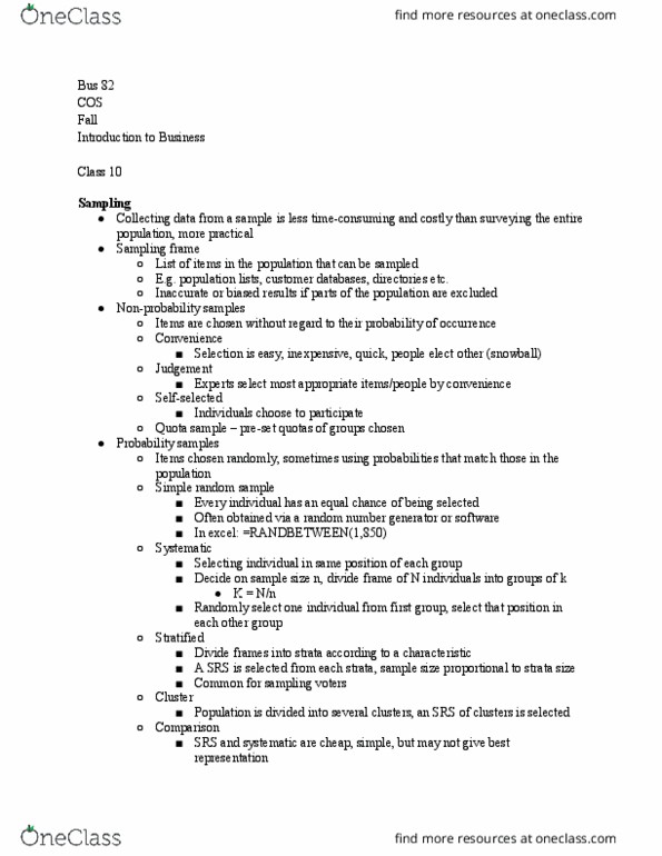 BUS 082 Lecture Notes - Lecture 10: Simple Random Sample, Sampling Frame, Sampling Error thumbnail