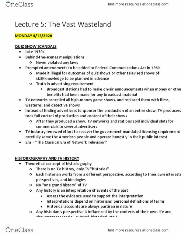 FAMST 101C Lecture Notes - Lecture 5: Communications Act Of 1934, Broadcast License, Sitaonair thumbnail