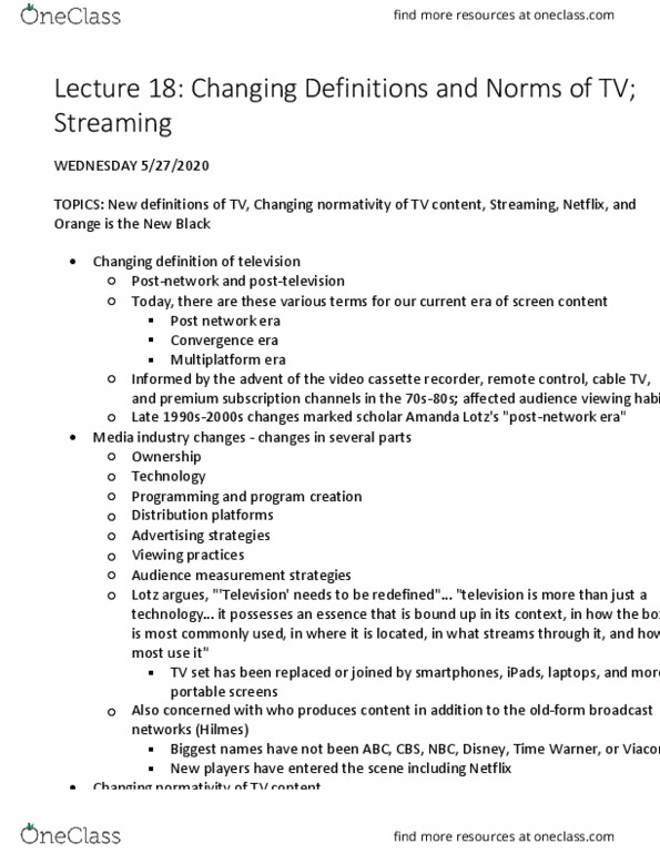 FAMST 101C Lecture Notes - Lecture 18: Videocassette Recorder, Audience Measurement, Broadcast Network thumbnail