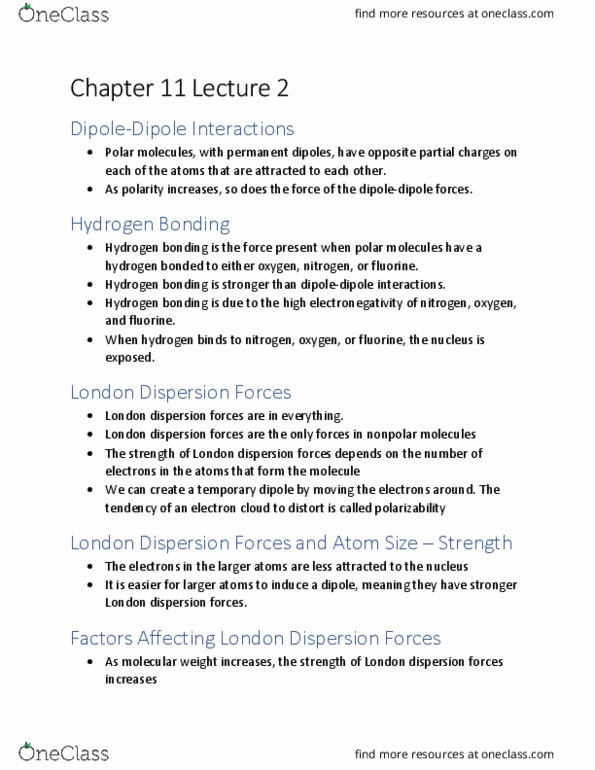 CHE-1102 Lecture Notes - Lecture 5: London Dispersion Force, Hydrogen Bond, Fluorine thumbnail