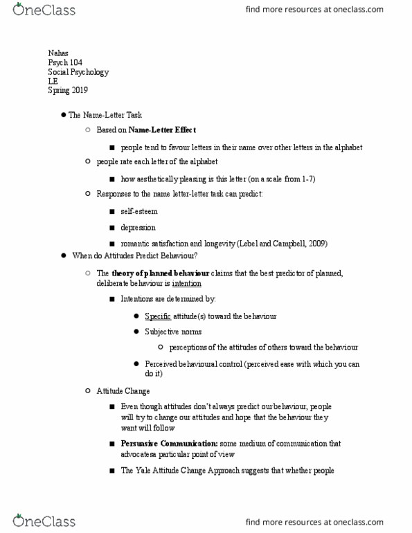 PSYCH 104 Lecture Notes - Lecture 19: Psych, Theory Of Planned Behavior thumbnail