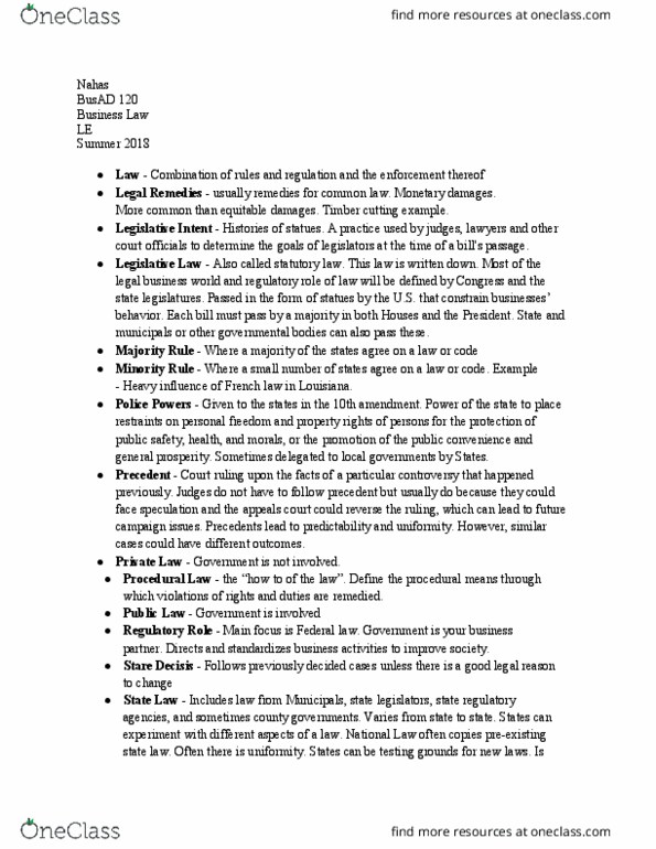 BUSAD 120 Lecture Notes - Lecture 4: Precedent, Consolidated Laws Of New York, Uniform Commercial Code thumbnail