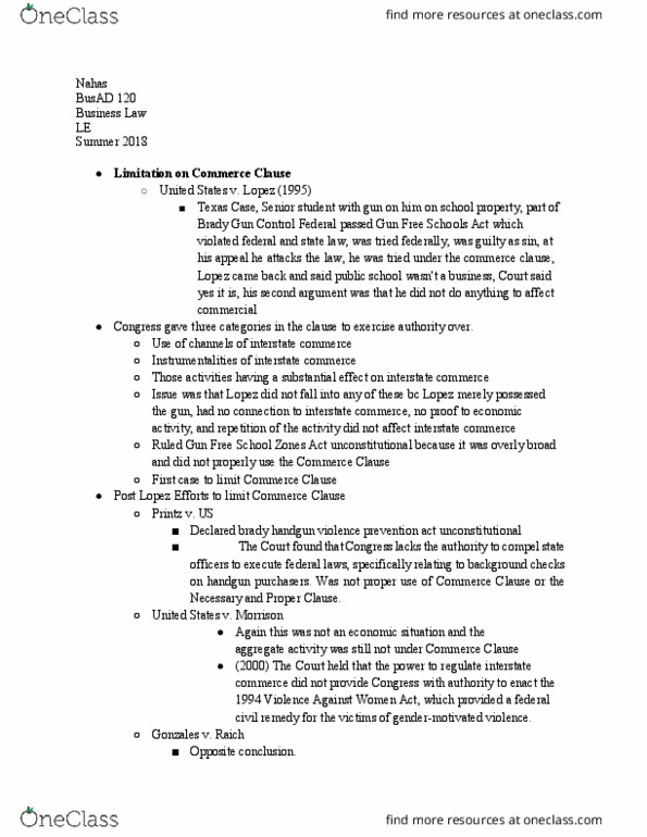 BUSAD 120 Lecture Notes - Lecture 6: Commerce Clause, School Zone, Violence Against Women Act thumbnail