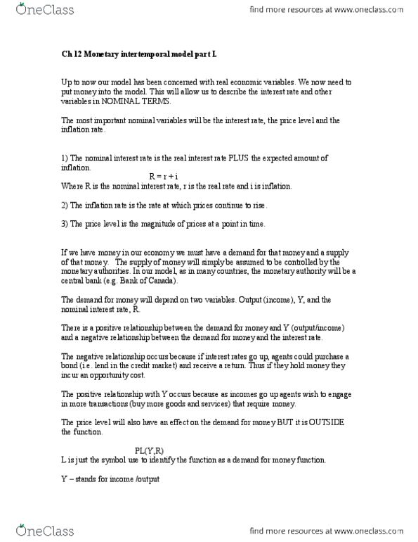 Economics 2152A/B Chapter Notes -Nominal Interest Rate, Real Interest Rate, Demand For Money thumbnail