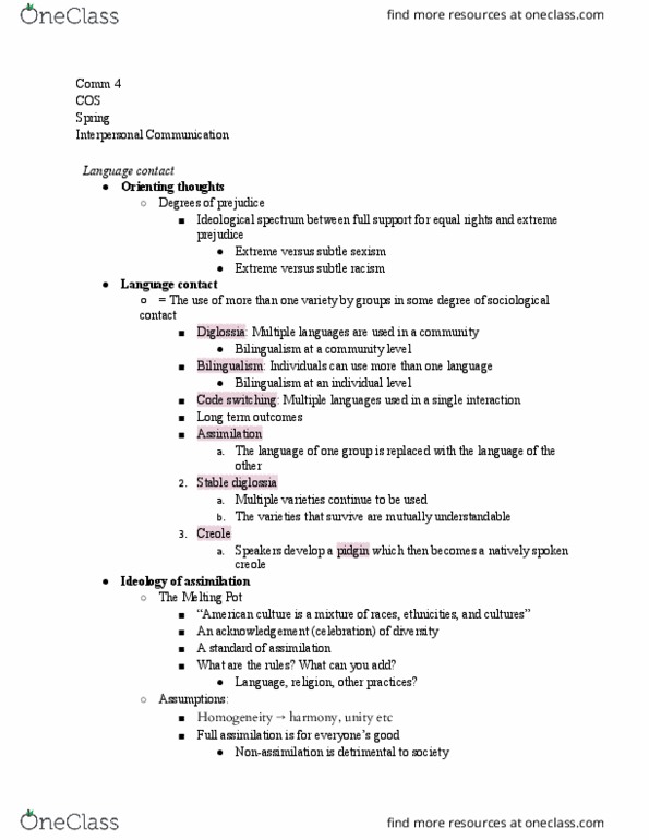 COMM 004 Lecture Notes - Lecture 19: Diglossia, Language Contact, Code-Switching thumbnail