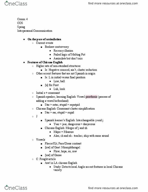COMM 004 Lecture Notes - Lecture 20: Cluster Reduction, African American Vernacular English, Consonant Cluster thumbnail