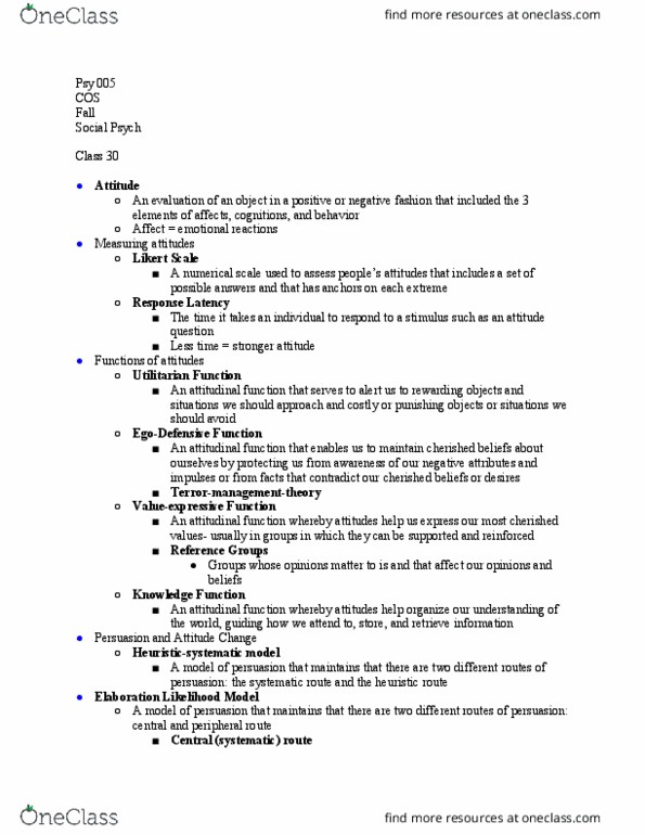 PSY 005 Lecture Notes - Lecture 30: Psych, Elaboration Likelihood Model, Likert Scale thumbnail