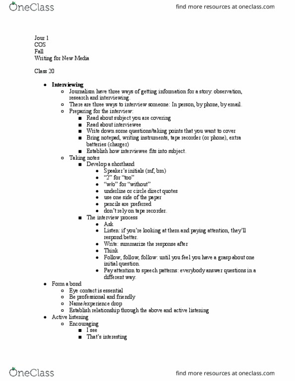 JOUR 001 Lecture Notes - Lecture 20: Active Listening, Eye Contact thumbnail