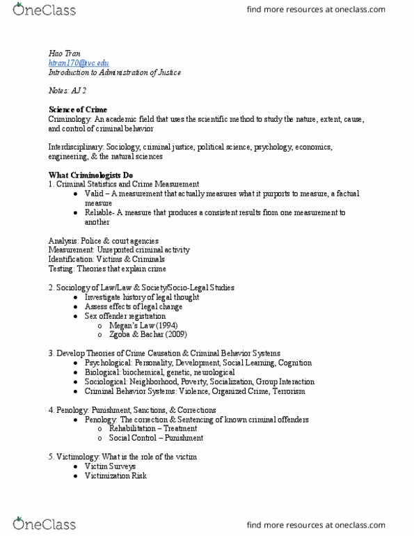AJ 2 Lecture Notes - Lecture 1: Sex Offender Registry, Victimology, Scientific Method thumbnail