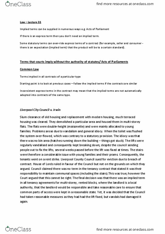 Law 5110 Lecture Notes - Lecture 31: Apartment, Slum Clearance, Implied Warranty thumbnail