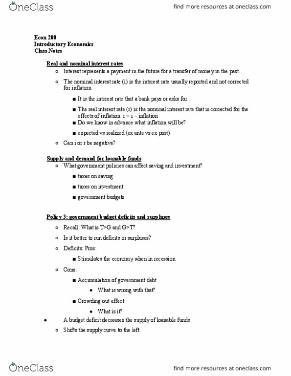 ECON-200 Lecture Notes - Lecture 16: Nominal Interest Rate, Loanable Funds, Real Interest Rate thumbnail
