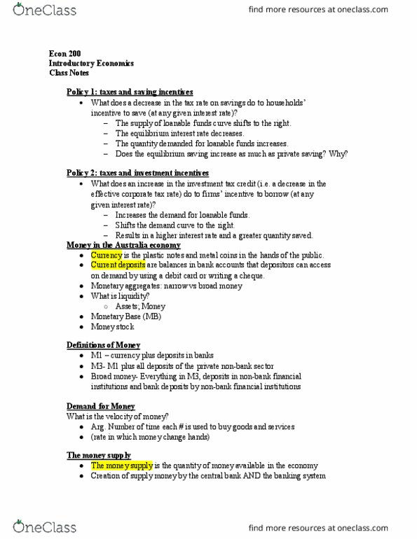 ECON-200 Lecture Notes - Lecture 17: Non-Bank Financial Institution, Loanable Funds, Debit Card thumbnail